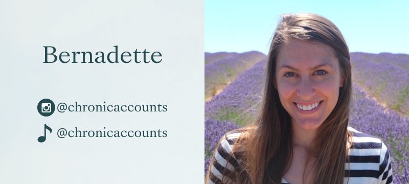 Bernadette smiles at the camera with a lavender field in the background and text on the left